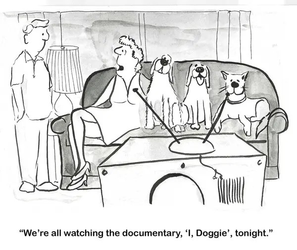 Cartoon Woman Sitting Her Dogs Watching Dog Documentary — Stock Photo, Image