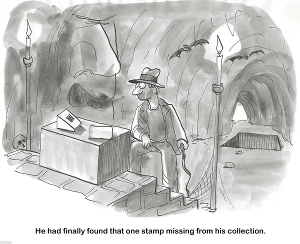 Cartoon Explorer Finding His Final Stamp His Collection Deep Cave — Stock Photo, Image