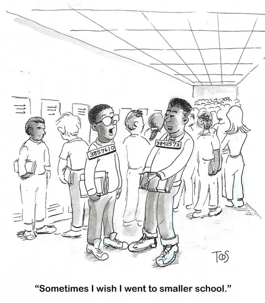 Cartoon Van Een Middelbare School Groot Dat Leerlingen Moeten Nummers Stockafbeelding