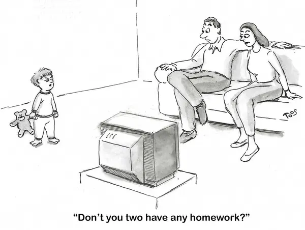 Karikatura Mladého Chlapce Divit Proč Jeho Rodiče Nemají Domácí Úkol Stock Snímky