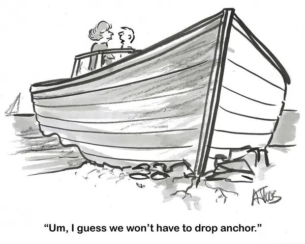 Cartoon Van Een Koppel Een Rubberboot Het Heeft Ongeluk Kust Rechtenvrije Stockfoto's