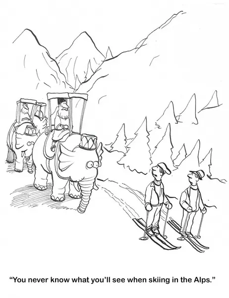 当汉尼拔的大象穿过阿尔卑斯山时 Bw卡通人物正在滑行 图库照片