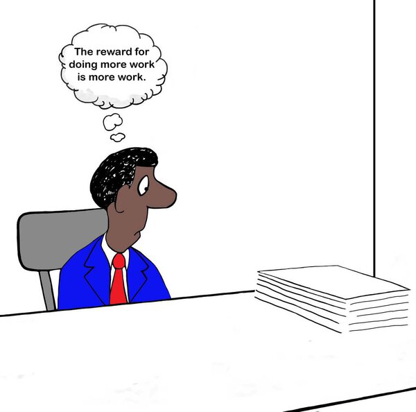 A dog office worker wonders what to do with the papers on his desk.