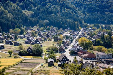 Shirakawa Tarihi Japonlar. Shirakawago köyü sonbaharda havadan izleniyor. Çatı zukuri tarzında ahşap bir ev. Shirakawa-go, Japonya 'nın Unesco dünya mirası ve dönüm noktasıdır.