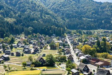 Shirakawa Tarihi Japonlar. Shirakawago köyü sonbaharda havadan izleniyor. Çatı zukuri tarzında ahşap bir ev. Shirakawa-go, Japonya 'nın Unesco dünya mirası ve dönüm noktasıdır.