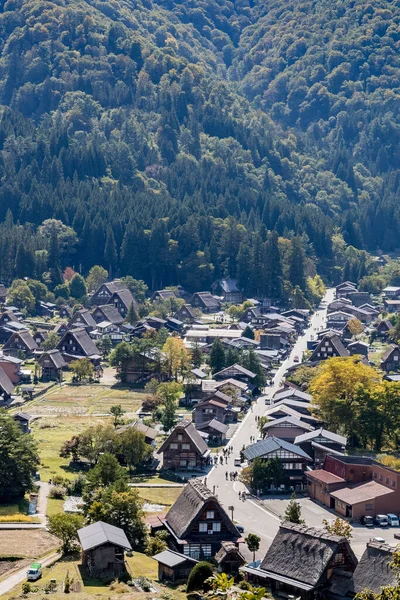 stock image Shirakawa Historical Japanese. Shirakawago village in autumn from aerial view. House build by wooden with roof gassho zukuri style. Shirakawa-go is Unesco world heritage and landmark spot in Japan