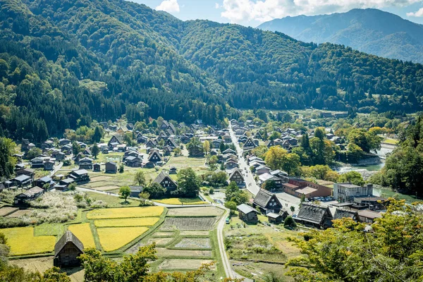 stock image Shirakawa Historical Japanese. Shirakawago village in autumn from aerial view. House build by wooden with roof gassho zukuri style. Shirakawa-go is Unesco world heritage and landmark spot in Japan