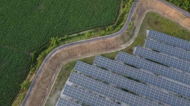 大規模な工業地帯の周りの自然緑の農場の横にある太陽電池農場を飛び越えてください 太陽光発電所は業界の再生可能エネルギーを生み出しています — ストック動画