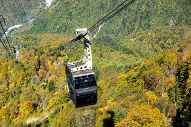 Ana turistik ilgi odağı Shin Hotaka 'nın sonbahar renklerinde bir teleferik ve turistlere hizmet veren bir halatla. Japon Alpleri, Shinhotaka halatı ve sonbahar yaprakları..