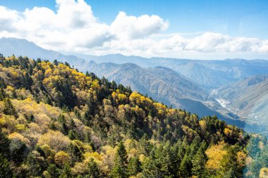 Ana turistik ilgi odağı Shin Hotaka 'nın sonbahar renklerinde bir teleferik ve turistlere hizmet veren bir halatla. Japon Alpleri, Shinhotaka halatı ve sonbahar yaprakları..