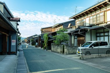 Eski bir halk kasabası olan Takayama, sonbaharda sabah Japonya 'da..