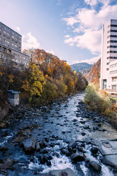 Осенний Пейзаж Jozankei Onsen Resort Известный Горячий Источник Отелями Традиционной Стоковое Изображение