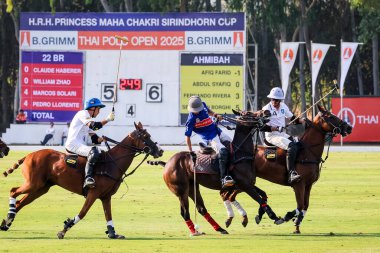 Phattaya, Tayland - 25 Ocak 2025: Bir polo maçı sırasında, Tayland polo kulübündeki çimenli bir sahada at süren beş oyuncunun yer aldığı an.