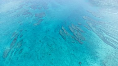 Okinawa sahilinin atmosferinde kristal berrak su, görünür kayalar ve kıyıya vuran dalgalar vardır..