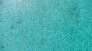 Okinawa sahilinin atmosferinde kristal berrak su, görünür kayalar ve kıyıya vuran dalgalar vardır..