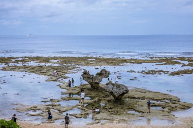 Okinawa sahilinin atmosferinde kristal berrak su, görünür kayalar ve kıyıya vuran dalgalar vardır..