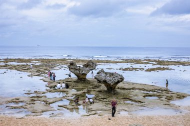 Okinawa sahilinin atmosferinde kristal berrak su, görünür kayalar ve kıyıya vuran dalgalar vardır..
