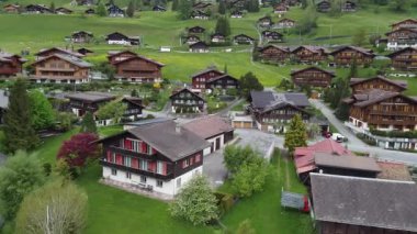 Grindelwald dağ köyünün hava manzarası, Bernese Oberland, İsviçre yeşil tarlalı ve dağdaki köylü insansız hava aracı ile.