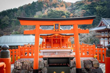 Osaka, Japonya - Aralık 2024: Minoh 'taki Katsuo-ji Tapınağı' nın en yoğun sonbahar dönemi manzarası. Canlı kırmızı ve turuncu akçaağaç yapraklarıyla güzelce çerçevelenmiş, Japon sonbaharının sakin atmosferini yansıtıyor..