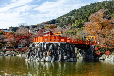 Osaka, Japonya - Aralık 2024: Minoh 'taki Katsuo-ji Tapınağı' nın en yoğun sonbahar dönemi manzarası. Canlı kırmızı ve turuncu akçaağaç yapraklarıyla güzelce çerçevelenmiş, Japon sonbaharının sakin atmosferini yansıtıyor..