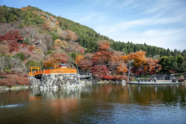 Osaka, Japonya - Aralık 2024: Minoh 'taki Katsuo-ji Tapınağı' nın en yoğun sonbahar dönemi manzarası. Canlı kırmızı ve turuncu akçaağaç yapraklarıyla güzelce çerçevelenmiş, Japon sonbaharının sakin atmosferini yansıtıyor..