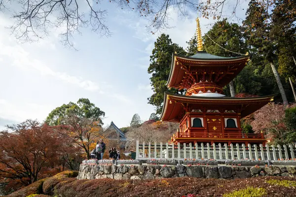 Osaka, Japonya - Aralık 2024: Minoh 'taki Katsuo-ji Tapınağı' nın en yoğun sonbahar dönemi manzarası. Canlı kırmızı ve turuncu akçaağaç yapraklarıyla güzelce çerçevelenmiş, Japon sonbaharının sakin atmosferini yansıtıyor..