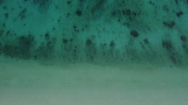 4K Okinawa 'nın sakin deniz manzarası kristal berrak suları, açıkta kayalık oluşumlar ve kıyıya vuran nazik dalgalar sergiliyor.
