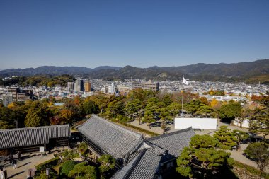 Kochi Şehri, Shikoku, Japonya - Aralık 2024: Kochi Kalesi canlı sonbahar yapraklarıyla çevrili iyi korunmuş bir Japon kalesidir. Ahşap yapının geleneksel kalesi kırmızı akçaağaç ve altın ginkgo ağaçları arasında zarif duruyor..