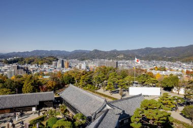 Kochi Şehri, Shikoku, Japonya - Aralık 2024: Kochi Kalesi canlı sonbahar yapraklarıyla çevrili iyi korunmuş bir Japon kalesidir. Ahşap yapının geleneksel kalesi kırmızı akçaağaç ve altın ginkgo ağaçları arasında zarif duruyor..