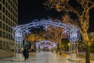 Osaka, Japonya - Aralık 2024: Osaka şehrinin canlı gece görüntüsü, Dotonbori veya Umeda gibi önemli bir bölge etrafında renkli aydınlatma ve neon ışıkları sergileniyor.