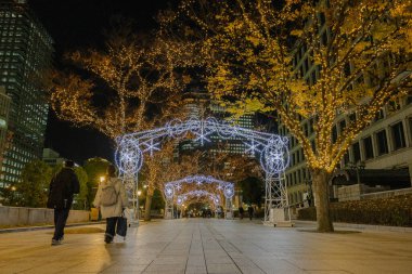 Osaka, Japonya - Aralık 2024: Osaka şehrinin canlı gece görüntüsü, Dotonbori veya Umeda gibi önemli bir bölge etrafında renkli aydınlatma ve neon ışıkları sergileniyor.
