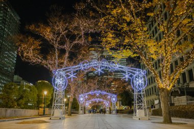 Osaka, Japonya - Aralık 2024: Osaka şehrinin canlı gece görüntüsü, Dotonbori veya Umeda gibi önemli bir bölge etrafında renkli aydınlatma ve neon ışıkları sergileniyor.