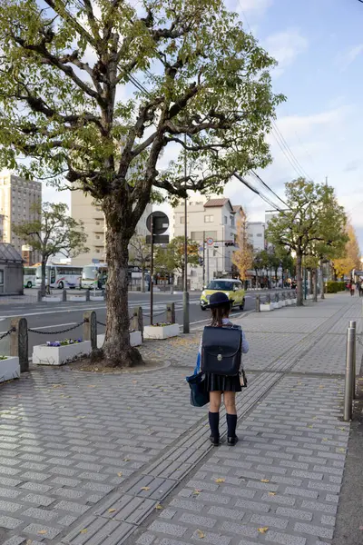 Japonya - Aralık 2024: Genç üniformalı Japon öğrenci okuldan sonra, geleneksel bir Randoseru sırt çantası taşıyarak tek başına kaldırımda yürüyor. Sahne Japonya 'daki günlük hayatın bir anını yakalar.