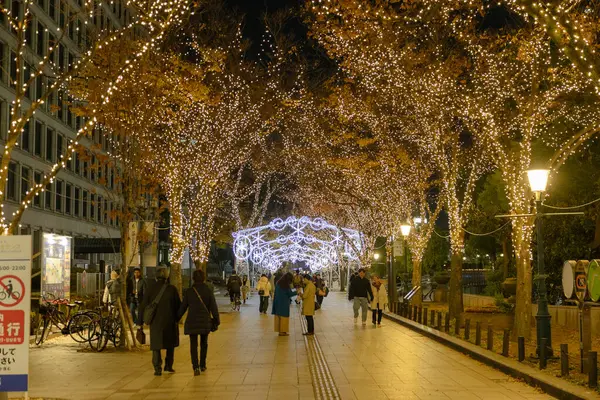 Osaka, Japonya - Aralık 2024: Osaka şehrinin canlı gece görüntüsü, Dotonbori veya Umeda gibi önemli bir bölge etrafında renkli aydınlatma ve neon ışıkları sergileniyor.