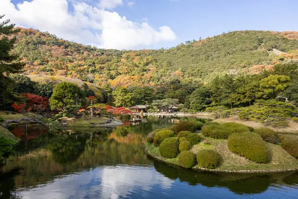 Takamatsu 'daki Ritsurin Parkı' nın sonbahar sezonunda nefes kesici manzarası. Kırmızı ve turuncu renkli akçaağaç ağaçlarıyla geleneksel Japon bahçesi, sakin yansıtıcı havuzlar.
