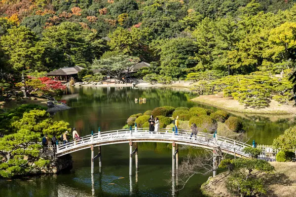 Takamatsu 'daki Ritsurin Parkı' nın sonbahar sezonunda nefes kesici manzarası. Kırmızı ve turuncu renkli akçaağaç ağaçlarıyla geleneksel Japon bahçesi, sakin yansıtıcı havuzlar.