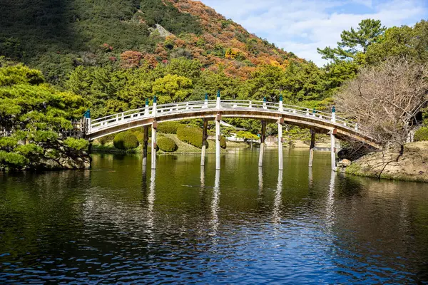 Takamatsu 'daki Ritsurin Parkı' nın sonbahar sezonunda nefes kesici manzarası. Kırmızı ve turuncu renkli akçaağaç ağaçlarıyla geleneksel Japon bahçesi, sakin yansıtıcı havuzlar.