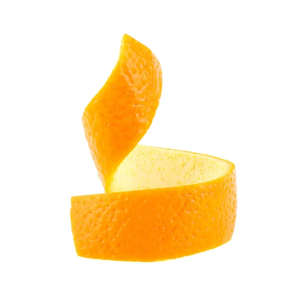Skórka Dojrzałej Pomarańczy Izolowana Białym Tle Zest Pomarańczowy Spirala — Zdjęcie stockowe
