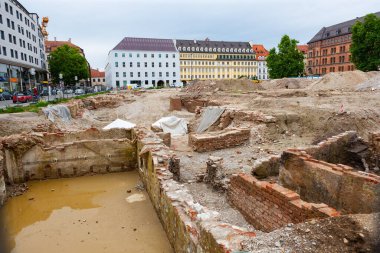 Munich, Germany - July 4, 2011 : Excavation works on Weinstrasse (street). Unearthing some of Munich history
