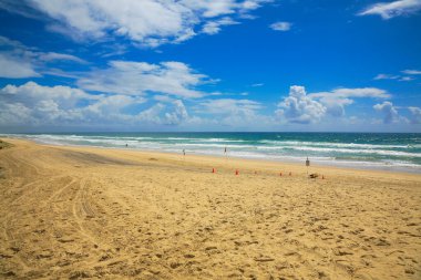 Gold Coast, Queensland, Avustralya 'daki Paradise Beach sörfçüleri.