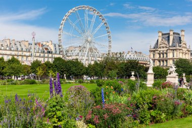 Paris, Fransa - 23 Temmuz 2010: The Paris Ferris Wheel. Rue de Rivoli 'deki Tuileries Garden ve binalar arasında dönen büyük bir gözlem çarkı var..