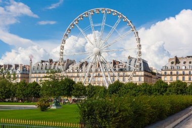 Paris, Fransa - 23 Temmuz 2010: The Paris Ferris Wheel. Rue de Rivoli 'deki Tuileries Garden ve binalar arasında dönen büyük bir gözlem çarkı var..