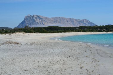 San Teodoro 'daki Lu Impostu plajı, arka plandaki Tavolara adası.