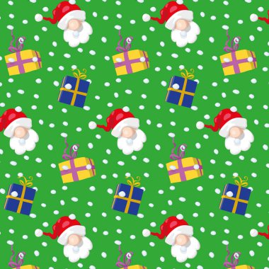Noel Baba, arka plan kusursuz desenli, vektör illüstrasyonunu tekrarlıyor.