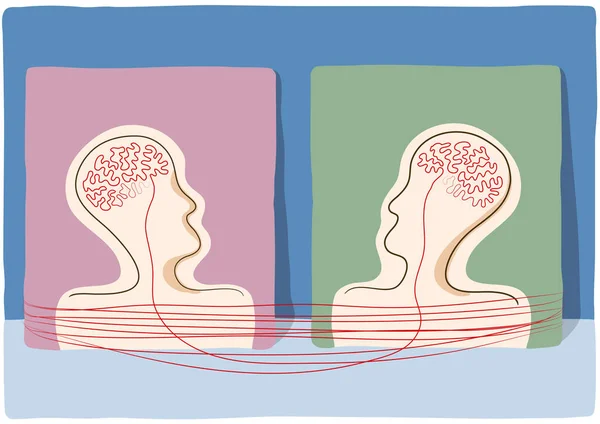 Сюрреалистичный Рисунок Профильных Головок Проволокой Форме Мозга Завязанной Нитью Векторная — стоковый вектор