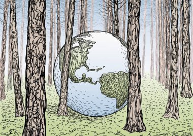 Drawing of planet earth among trees in a forest, vector illustration clipart