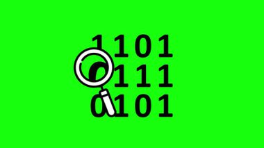 Veri Arama Büyüteç Simgesi, Büyüteç Canlandırma Sembol Araması, Bit, Analiz, Güvenlik, İnternet. Chroma Key ile HD Video, Şeffaf Arkaplan için Yeşil Ekran.