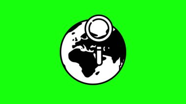Büyüteç ve Dünya ikonu, tüm dünyada arama yapmanın sembolü. Chroma Key ile HD video, şeffaf arkaplan için yeşil ekran.