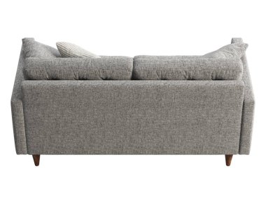 Yüzyıl ortası gri kumaş kanepe. Beyaz arka planda yastıkları olan tekstil döşeme kanepesi. Modern, Loft, İskandinav iç mimarisi. 3d hazırlayıcı