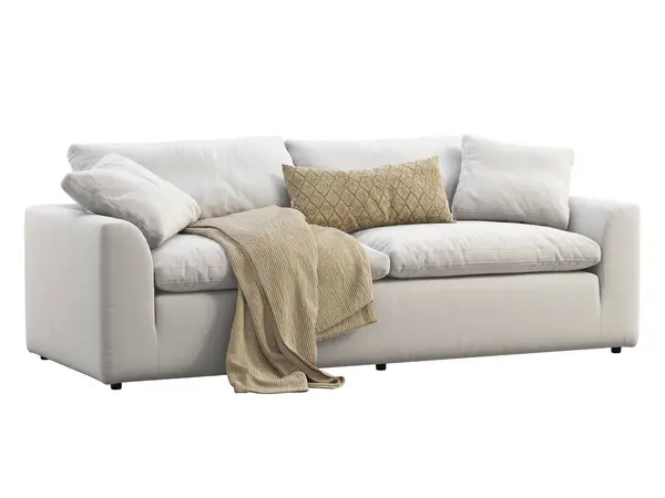 Modernes Dreisitziges Sofa Aus Stoff Weißes Polstersofa Mit Kissen Und — Stockfoto